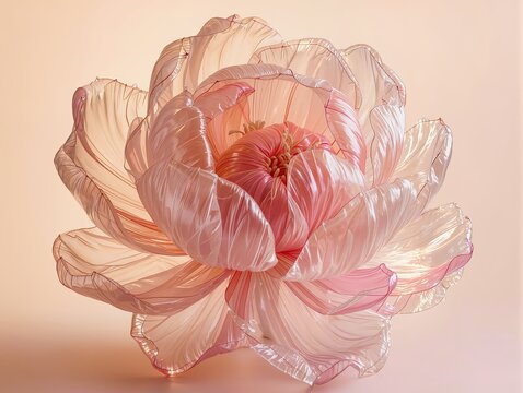 A magnificent peony flower sculpture made from transparent inflated plastic, dozens of overlapping translucent petals forming a lush rounded bloom, realistic crinkled folds and delicate air pockets