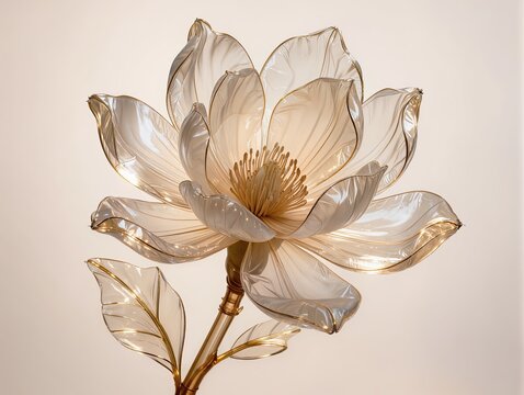 A sophisticated magnolia blossom recreated from transparent inflatable plastic, large elegant petals with natural folds, subtle inflated texture and luminous edges