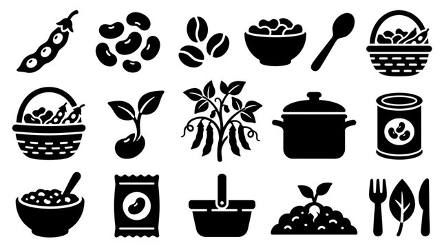 Collection of black and white icons representing various aspects of beans, from cultivation to consumption.