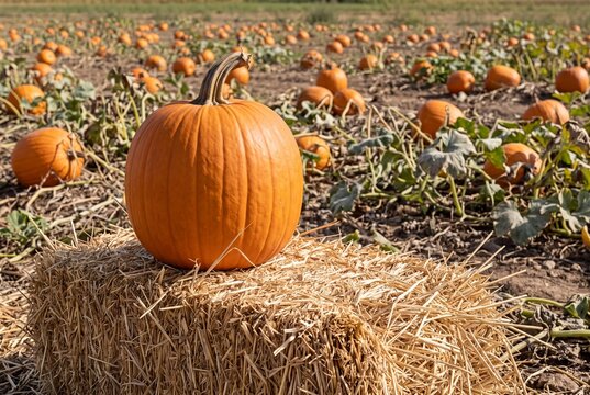 A large orange pumpkin sitting on a straw bale in a pumpkin patch field
