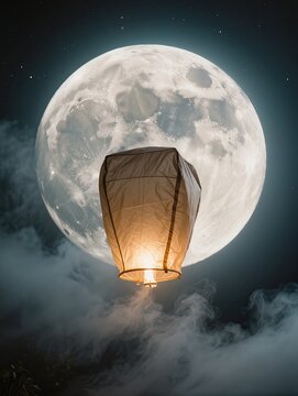 A traditional transparent inflatable Chinese lantern floating in front of a gigantic glowing full moon, warm golden lantern light contrasting with cool moonlight, realistic plastic wrinkles