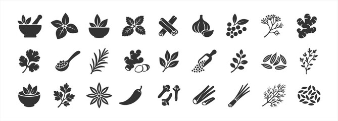 Obraz premium Herbs and Culinary Spices Plant Silhouette Icon Set Vector Cooking Ingredients