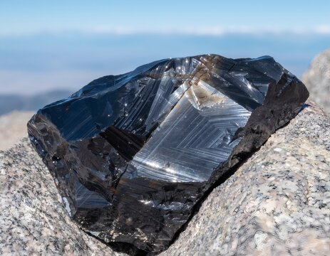 Obsidian Stone with Striped Glassy Patterns Fitting Snugly Between Summit Rocks Against Blue Sky and Peaks