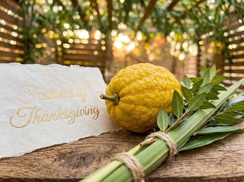 Sukkot Holiday Four Species with Citron Etrog and Palm Leaves on Table