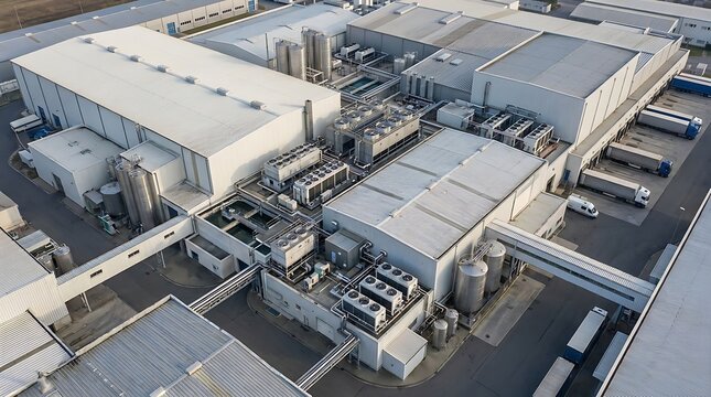 Dynamic aerial view revealing a sophisticated modern industrial manufacturing complex, featuring extensive production facilities, innovative infrastructure, and integrated logistical operations