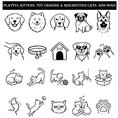 Fototapeta premium Playful Kittens Dog Breeds Pet Grooming Accessories and Mischievous Cats Vector Icon Set