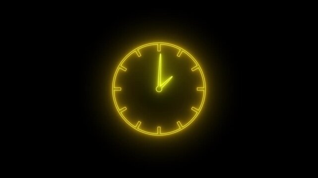Glowing Neon Yellow Clock Icon Animation on Black Background, Digital Time and Countdown Symbol, 4K