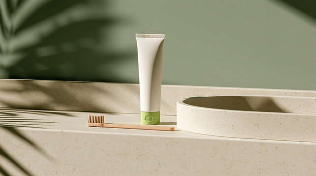 Blank Toothpaste Tube Mockup with Toothbrush in Minimal Bathroom