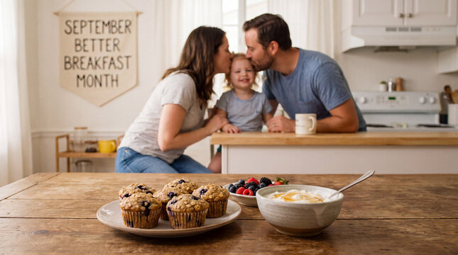 A warm family shares blueberry oatmeal muffins with Greek yogurt and honey for September Better Breakfast Month, ideal for family food content