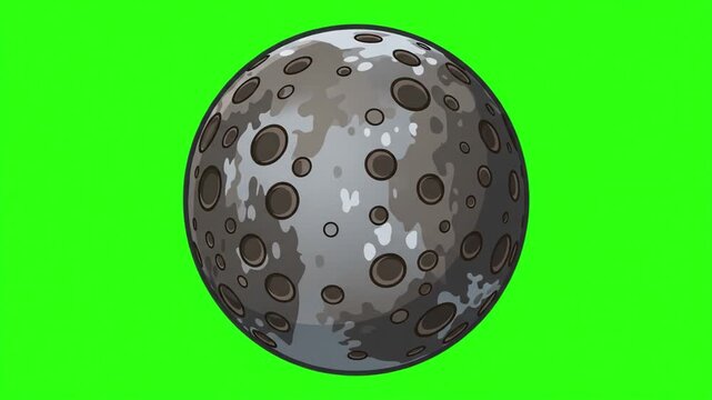 A 2D animated grey planet covered in meteor craters floating on a solid green chroma key background. Great for solar system educational videos, children's space cartoons, and sci-fi video game overlay