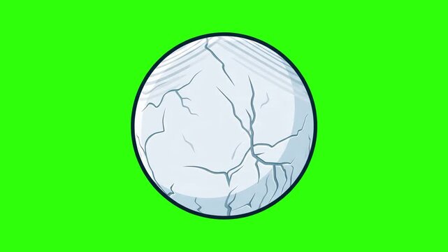 A 2D cartoon icy moon or cracked frozen planet spinning against a solid green keying background. Perfect for astronomy educational videos, sci-fi video game graphics, and fantasy worldbuilding content