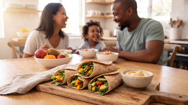 A cheerful family laughs over vegetable salad wraps with hummus during September Fruit and Veggies Month, great for plant-based breakfast campaigns