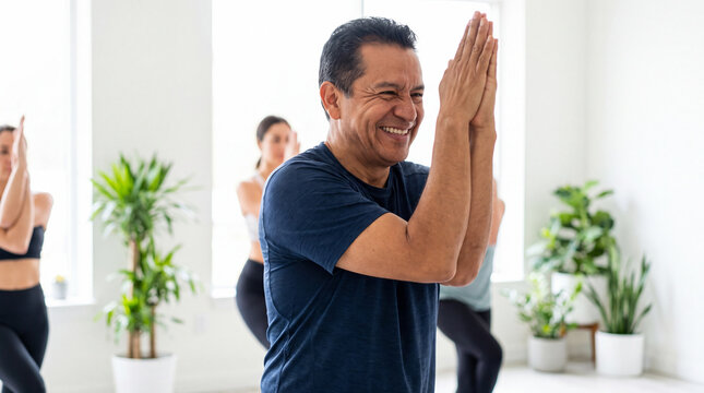 Balanced male yoga instructor is demonstrating eagle pose in a bright studio for Yoga Awareness Month marketing