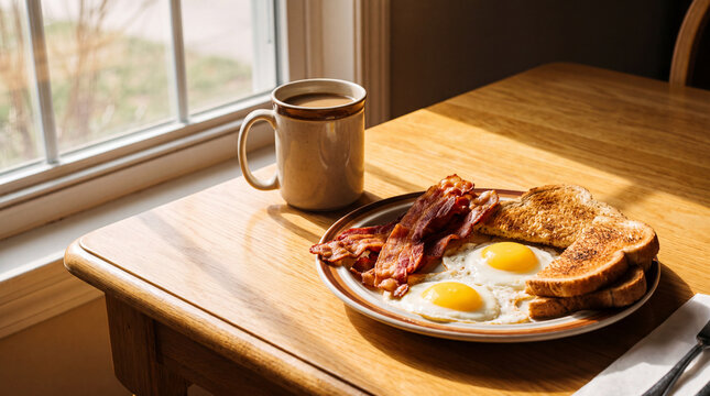 Breakfast table with a cup of coffee, crispy bacon, eggs and toast is a classic International Bacon Day morning plate for food designs