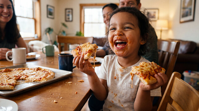 Cheese Pizza Day features a cheerful child holding two cheese pizza slices for party poster