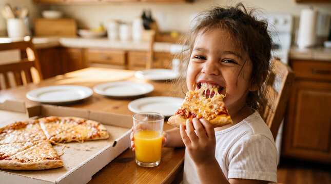 Cheese Pizza Day features a joyful child eating pizza and drinking juice for food poster