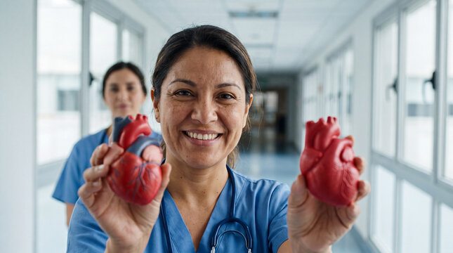 Happy Latina female doctor in scrubs is holding a red heart model for World Heart Day promotional content
