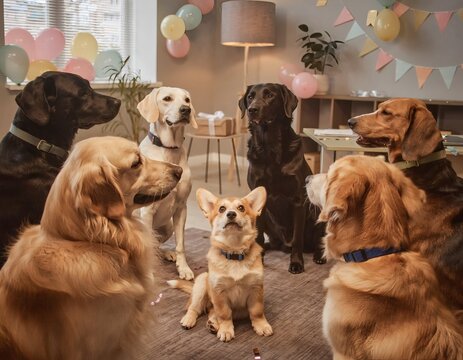 Circle of Adult Dogs Facing Inward in Balloon-Decorated Office Corner Welcoming a Newcomer, Symbolizing Workplace Welcome and Team Building