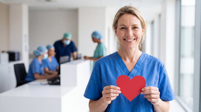Smiling female doctor is holding a red heart shaped card in a bright hospital for World Heart Day advertising