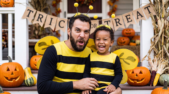 Halloween features father and child in bee costumes with pumpkin decor for playful poster