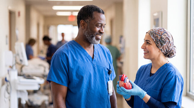 Black male doctor and Middle Eastern female doctor are sharing a heart model in a hospital for World Heart Day posters