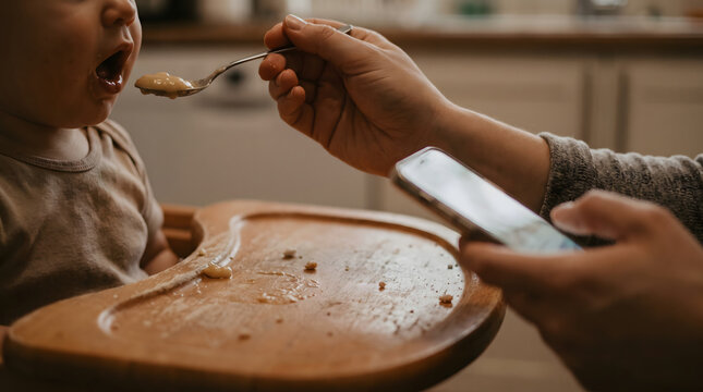 Distracted mother or father feeding toddler food with spoon while using mobile phone at home kitchen phubbing