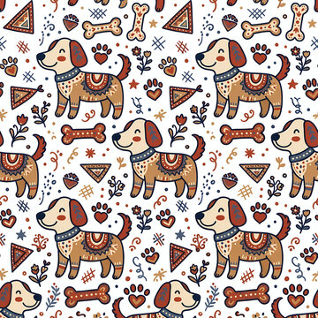 Cute Seamless Pattern with Dogs and Cats, Adorable Cartoon Pets, Puppies and Kittens, Fun Animal Characters, Playful Vector Background for Fabric, Wallpaper and Textile Design