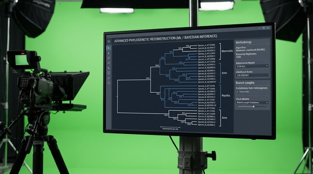 Phylogenetic tree software on computer monitor in professional green screen studio setup