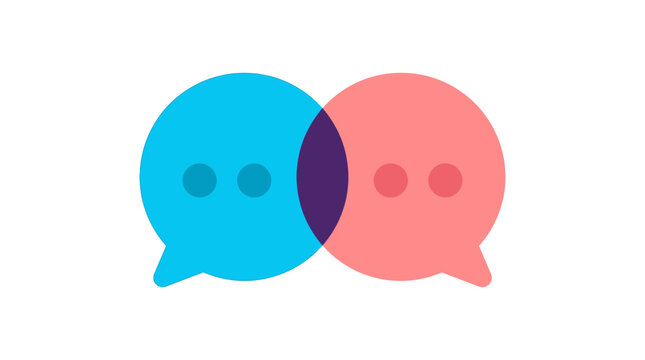 Intersecting speech bubbles showcasing communication dialogue with vibrant blue and soft pink colors featured in a minimalist style on white background