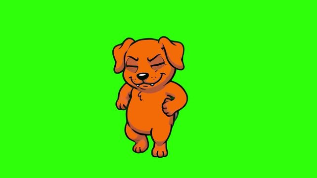 A cheerful 2D orange cartoon dog character performing a dance rhythm with eyes closed against a bright green chroma key background. Great for children's music videos, educational clips, and fun motion