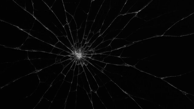 Cracked glass fracture effect on black background. Broken cracks glass fracture effect texture isolated abstract black background, Abstract cracked screen effect with intricate jagged fractures