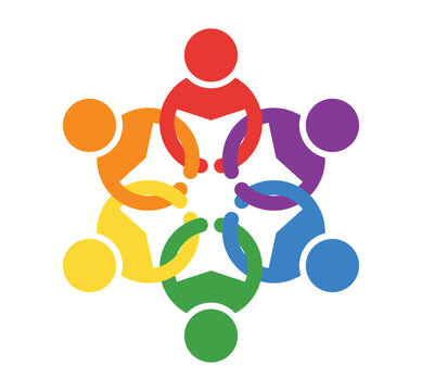 Colorful illustration of diverse people holding hands in a circular pattern