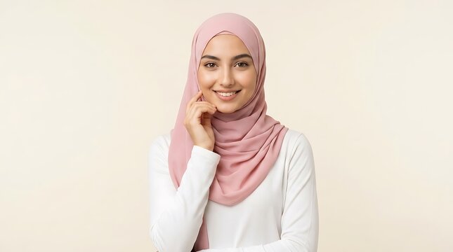 Smiling Young Muslim Woman Wearing A Pink Hijab Looking At Camera