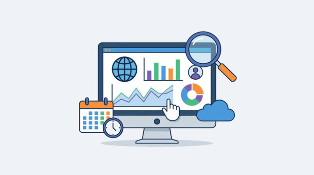 Computer screen displaying website traffic analysis charts, calendar, clock, magnifying glass, and cloud icon, flat design.