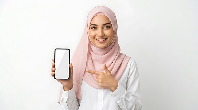 Smiling Young Muslim Woman Wearing Hijab Showing Blank Mobile Phone Screen