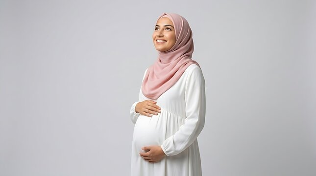 Smiling Pregnant Woman in Hijab Holding Her Belly on Grey Background