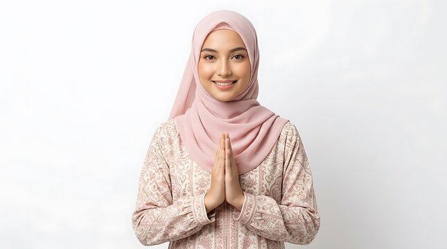Smiling Young Muslim Woman Wearing Hijab Gesturing A Respectful Greeting