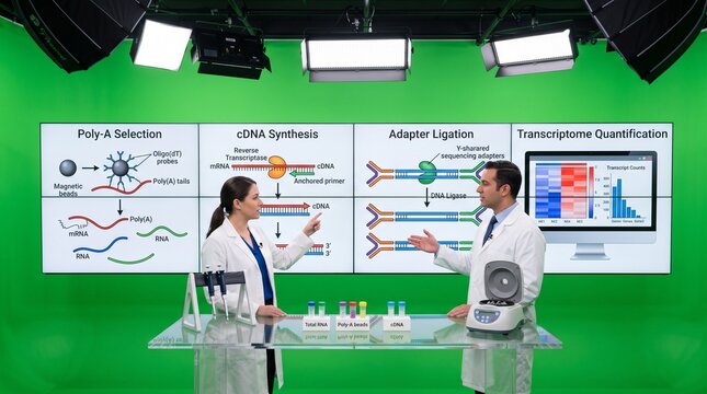 Scientists presenting RNA-seq library preparation workflow in a professional studio setting