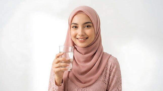 Beautiful Muslim Woman Holding a Clear Glass of Fresh Water to Drink