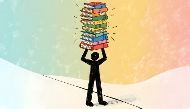 Stick figure character holding a massive stack of colorful books. Education workload and heavy studies concepts. Person carrying a tall tower of textbooks on an abstract background