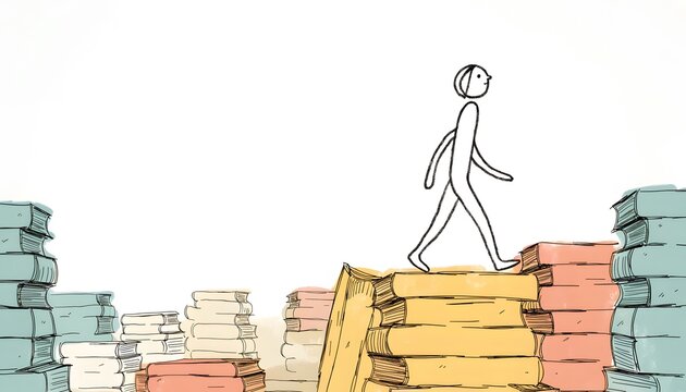 Stick figure walking on a path made of stacked books. Education and knowledge discovery concepts. Minimalist cartoon character climbing book stairs in a clean space