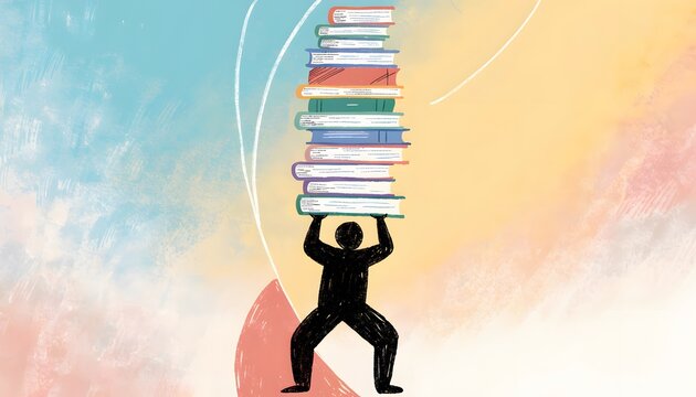 Silhouette of a person lifting a heavy stack of books. Hard work and education burden concepts. Character carrying a huge tower of textbooks in an artistic painted background
