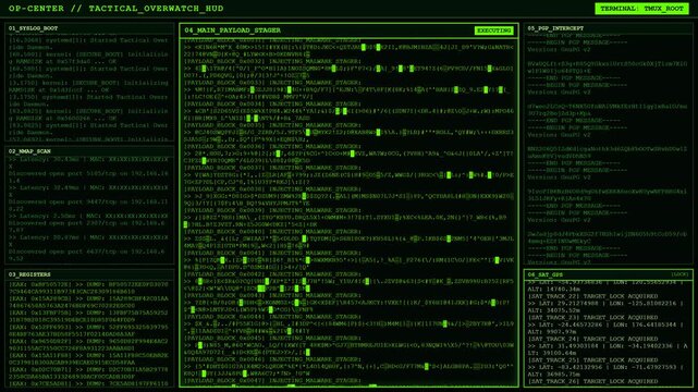 Tactical Overwatch Command Center Cyber Warfare Terminal Screen Animation.