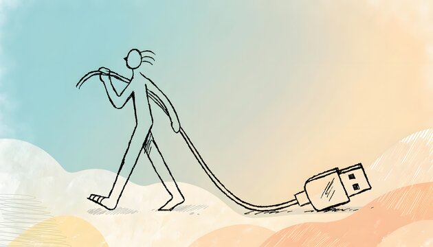 Stick figure walking while carrying a long USB cable and connector. Technology connection and data transfer concepts. Minimalist character pulling a computer cord across a landscape