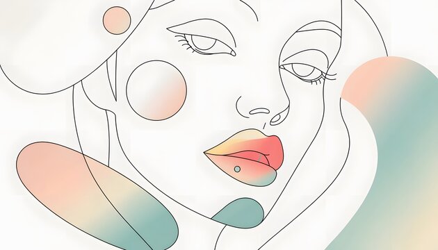 Abstract line art portrait of a woman with vibrant colorful elements. Modern beauty and fashion concept. Stylized female face with minimalist lines and pastel shapes