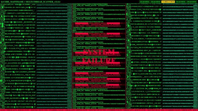 Mainframe System Failure Multi Thread Scanner Cyber Breach Screen Animation.