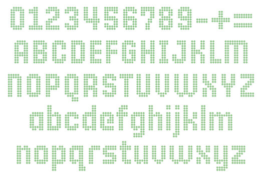 Green Dot Matrix LED Alphabet Set, Retro Digital Display Font, Uppercase Lowercase Letters Numbers and Symbols, Pixel Dots Typography