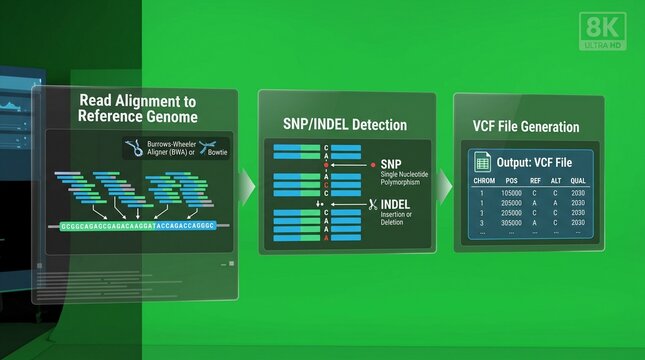 Bioinformatics workflow showing read alignment, variant calling and VCF file generation.