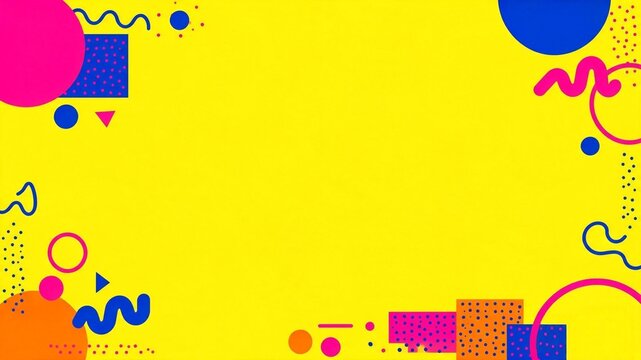 Vibrant yellow abstract background with colorful geometric shapes and playful patterns, ideal for modern design and creative projects.