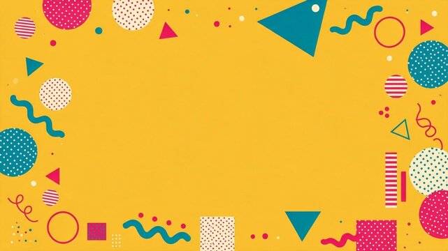 Vibrant Geometric Abstract Frame on Yellow Background with Colorful Retro Shapes and Playful Patterns